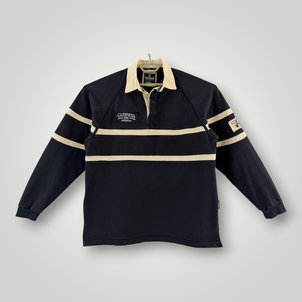 Guinness Mens XL Black Stripe Rugby Polo Shirt Long Sleeve Ireland Beer Logo